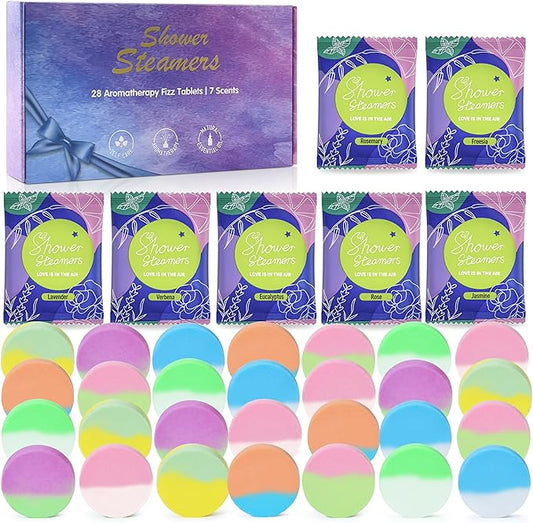 28 Pack Aromatherapy Shower Steamers, Individually Wrapped 7 Scents Bath Bombs,Natural Essential Oil Home SPA Self Care Stress Relief, Perfect Gifts for Her on Birthday Mother's Day Gift Set - Bloomnest
