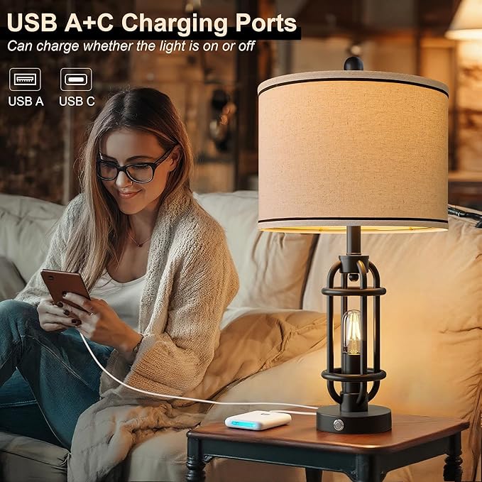 24'' Table Lamps for Living Room Bedroom Set of 2 Industrial Touch Lamp with USB A+C Ports, Night Light Farmhouse Vintage Nightstand Bedside Lamps for Night Stands Metal Black, Bulbs Included - Bloomnest