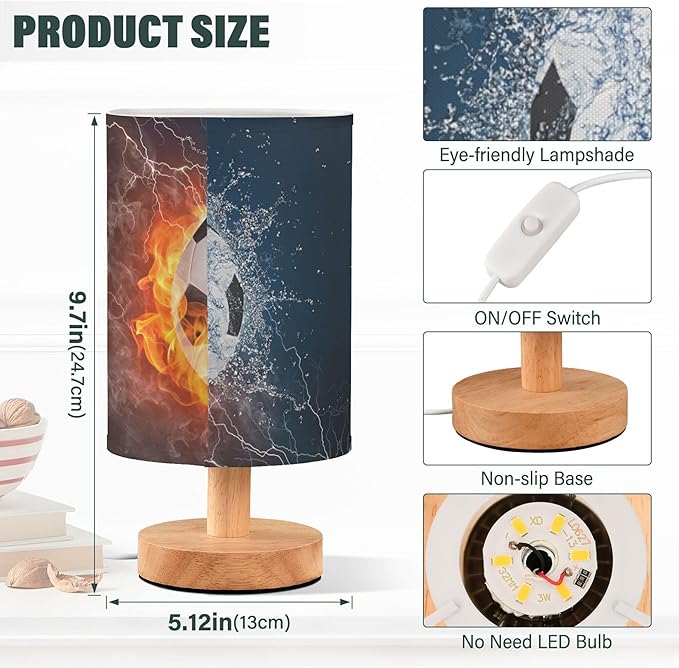 Table Lamp Soccer Ball in Fire Flame Water Sport Design American Football Nightstand Lamp with Wood Base Fabric Lamp Shade Bedside Desk Lamp for Living Room Bedroom Kids Room Office - Bloomnest