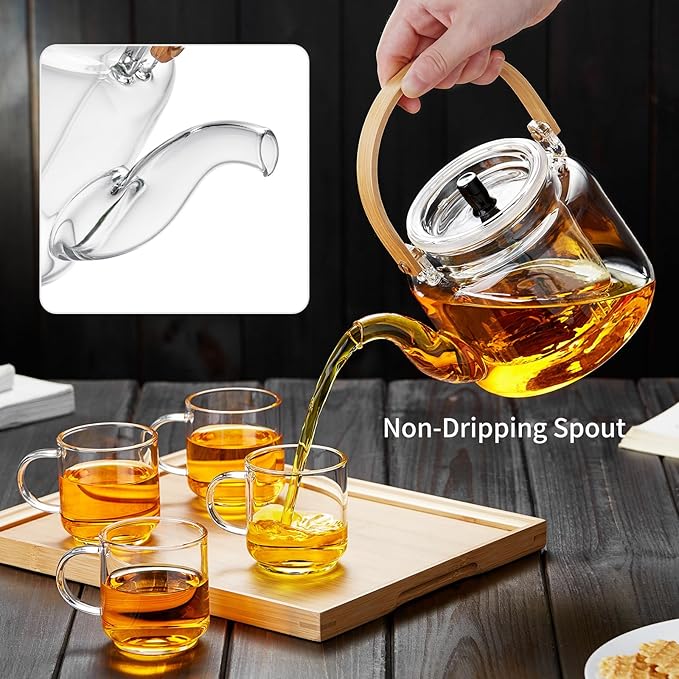 Glass Teapot Set, 37OZ/1100ML Glass Tea Kettle with 4 Double Wall Teacups, Tea Pot with Infusers for Loose Tea, Stovetop & Microwave Safe Tea Maker - Bloomnest
