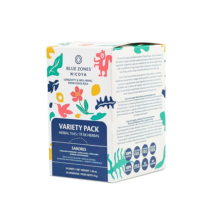 Blue Zones Nicoya - Variety Pack of 5 Lippia Alba & Hibiscus, 5 Chan & Lemongrass, 4 Burbark & Spearmint, 4 Guava Leaves Tea Bags - 100% Natural, Organic, and Refreshing - High Micronutrients - Gluten, Caffeine, Sugar-Free - Pack of 18 (1.59 oz/ 45 g) - Bloomnest