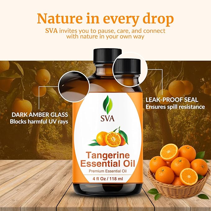 SVA Tangerine Essential Oil – 4 Fl Oz – 100% Natural Tangerine Oil - for Diffuser, Hair Care, Face, Skin Care, Aromatherapy, Scalp and Body Massage, Soap and Candle Making – with Dropper - Bloomnest
