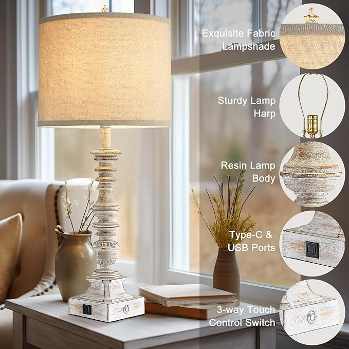Farmhouse Table Lamps for Bedroom Set of 2 Vintage 3-Way Dimmable Touch Control Nightstand Lamps, Bedside Lamps for Living Room, Traditional Nightstand Lamp End Table lamps 28.5" (Bulbs Included) - Bloomnest