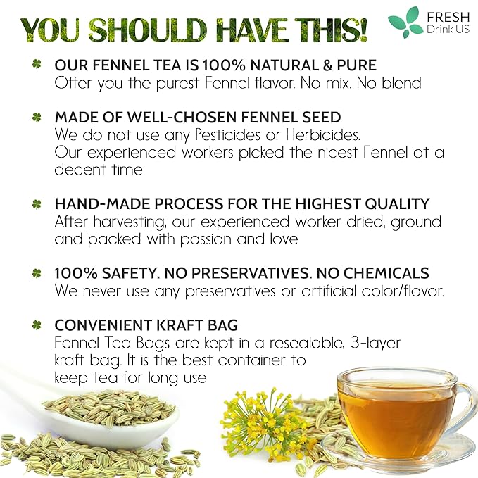 FreshDrinkUS, Premium 75 Fennel Seed Tea Bags – 100% Natural & Pure, Handmade Herbal Tea, Eco-Friendly, Fresh Aroma, Made with Natural Material Tea Bags. No Sugar, No Caffeine, No Gluten, Vegan. - Bloomnest