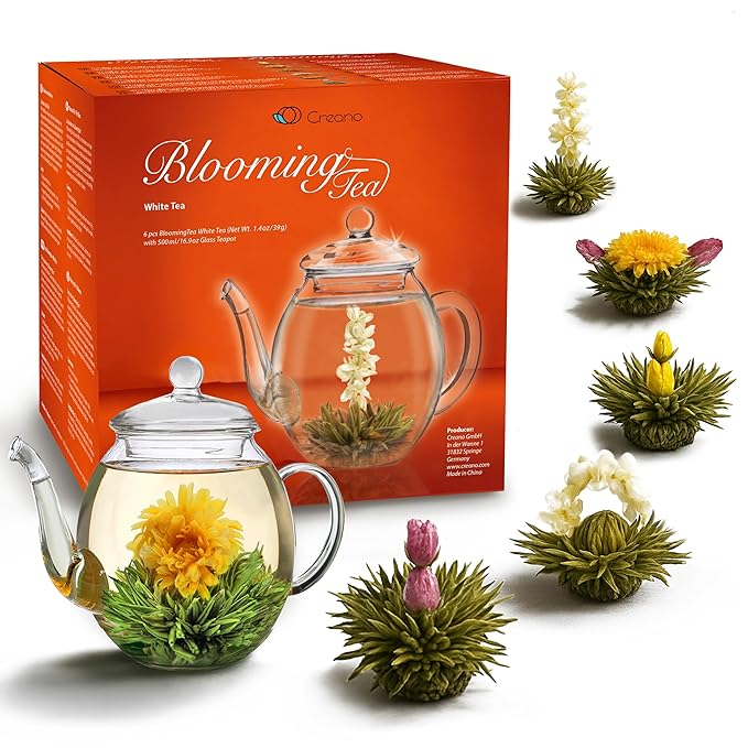 Creano Flowering Tea Gift Set - White Tea – 6 Blooming Tea with 17oz Glass Teapot - Bloomnest