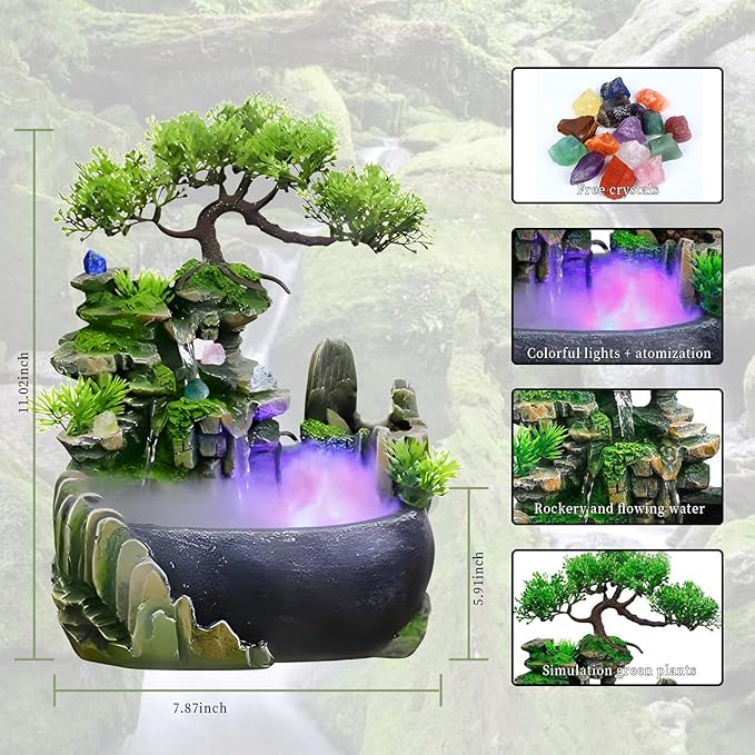 Free 10 PCS Crystal & CYLLYKGIFT Crystal Energy Guard & Tabletop Bonsai Tree Fountain - with LED Lights, Rock Waterfall, Misting Natural Crystals - Bloomnest