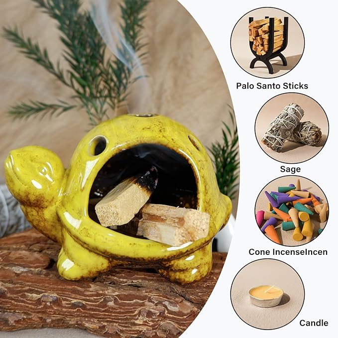 Yellow Ceramic Turtle Palo Santo Burner Holder-Mini Chiminea Incense Dish for Burning Smudge Sticks、Sage、Aromatic Santos、 Incense Cones Fits Altar &Zen Spaces,Unique Gift for Friends & Family MOUGIGI