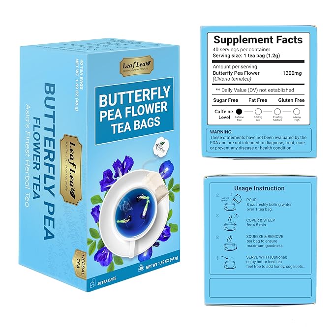 LeafLea 40 Butterfly Pea Flower Tea Bags, Herbal Flower Tea for Relaxation, Mocktails, and Natural Food Coloring, Caffeine-Free, Sugar-Free, Non-GMO - Bloomnest