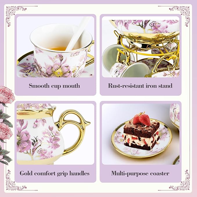 20 Pcs Porcelain Tea Set with Metal Holder, European Ceramic Tea Set for Adults, Adult Tea Set Gift, Flower Tea Cup Saucer Set for Party With Gold Flower Painting (Elegant Purple) - Bloomnest