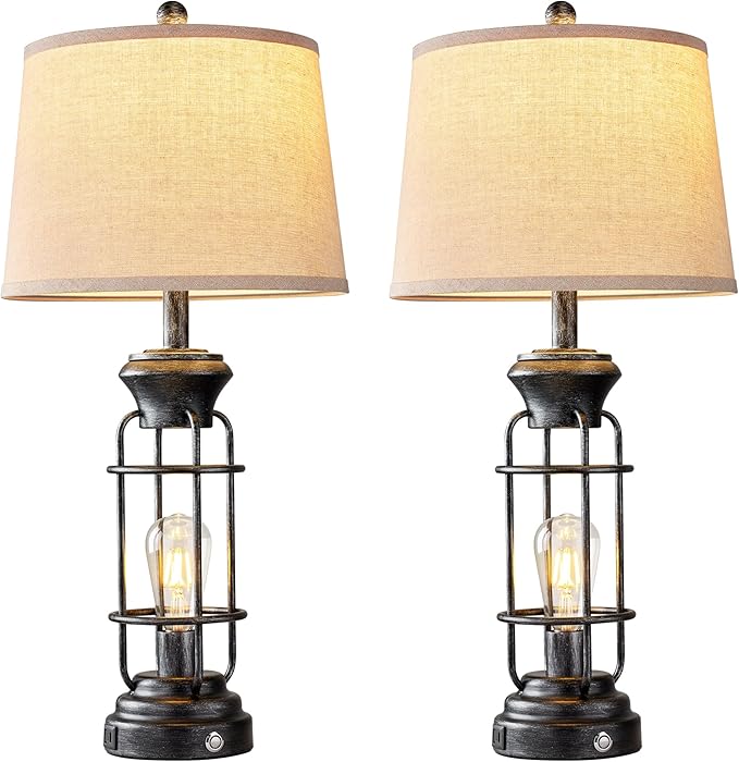 28" Table Lamp for Living Room with USB Charging Ports, Tall Table Lamp Set of 2,3-Way Dimmable Lamps for Bedroom, Bedside Lamp for End Tables, Industrial Nighstand Lamps,Bulbs Included - Bloomnest