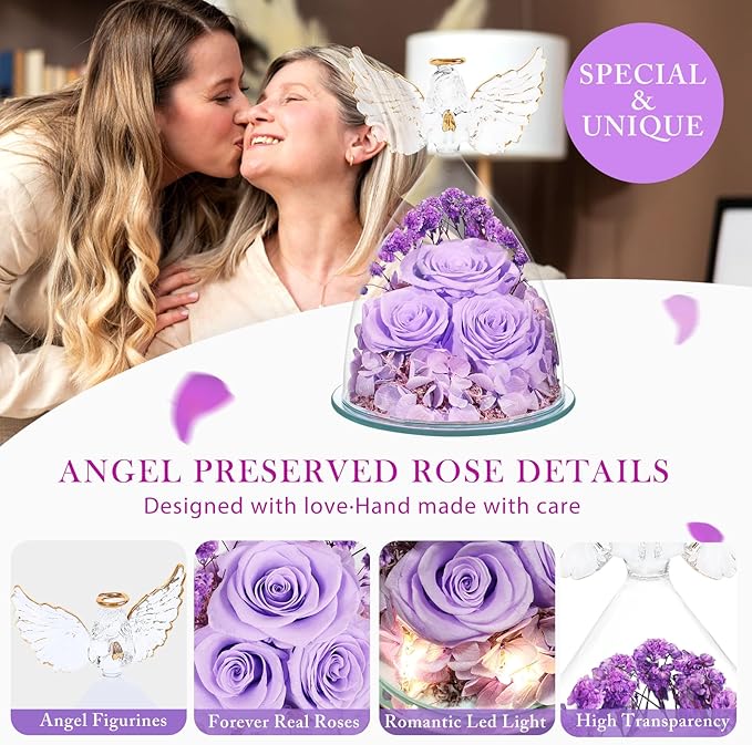 Valentines Day Gifts for Women Preserved Flower Rose, Forever Eternal Flowers in Glass Angel Figurines Real Purple Roses for Delivery Prime for Grandma Mom Sister Her Wife for Mothers Day Birthday - Bloomnest