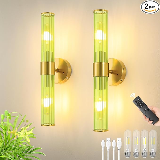 Gold Battery Operated Wall Sconces Set of 2, Rechargeable Wall Lights with Remote Control, 20 Inch Modern Wireless Wall Lamp for Bedroom, Living Room with Green Shade (Bulbs Included) - Bloomnest