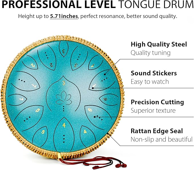 Steel Tongue Drum 13 Inches 15 Notes, Hand Pan Drums for Adults 440hz, C Major Handpan Musical Instrument with Song Book, Mallets and Carry Bag, Malachite Green - Bloomnest