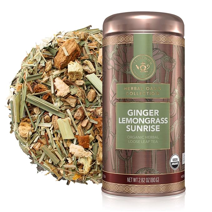 Teabloom Organic Herbal Tea, Ginger Lemongrass Sunrise Loose Leaf Tea, Sweet and Soothing, Fresh Whole Leaf Blend in Reusable Gift Canister, 2.82 oz/80 g Canister Makes 35-50 Cups - Bloomnest