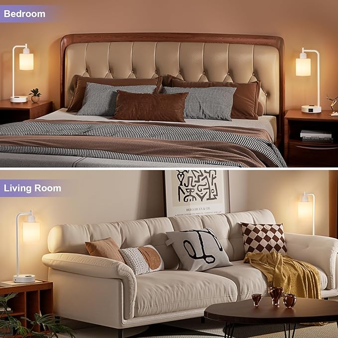 Innqoo Industrial White Table Lamps for Bedrooms Set of 2-3-Way Dimmable Desk Lamp with USB C+A Ports and Outlet, White Lamps with Opal Glass Shade for Living Room - Bloomnest