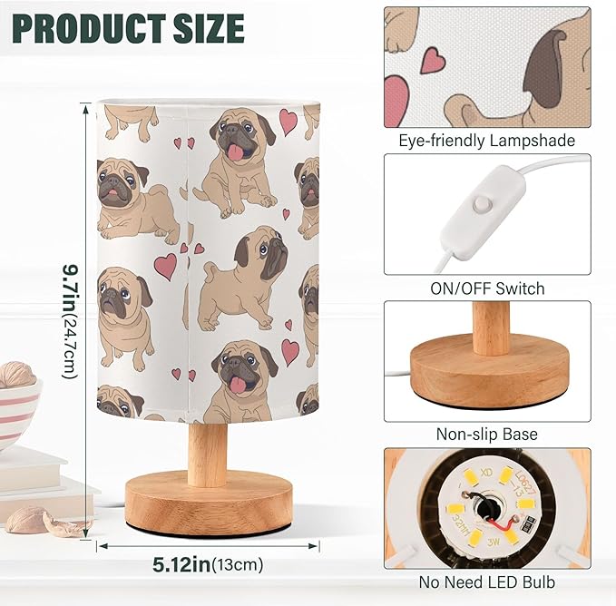 Table Lamp Pugs Puppies Heart Nightstand Lamp with Wood Base Fabric Lamp Shade Bedside Desk Lamp for Living Room Bedroom Kids Room Office - Bloomnest