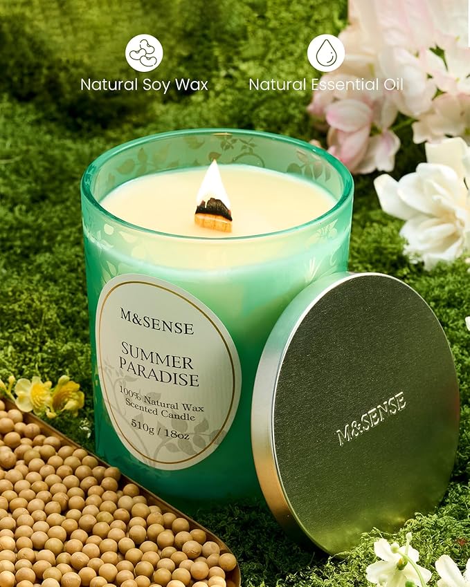 M&SENSE Summer Paradise Scented Candle, Cracking Wooden Wick Soy Wax, 18oz 100 Hours Long Lasting Clean Burn, Large Jar Candles for Home Decor, Non-Toxic Relaxing Aromatherapy Gifts for Women - Bloomnest