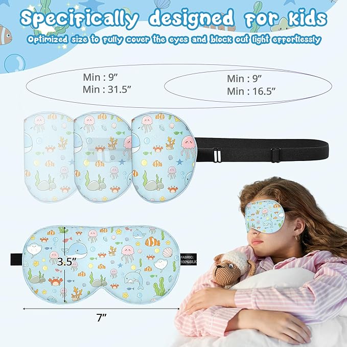 Kids Sleep Mask Eye Cover: 100% Real Natural Pure Silk Eye Mask with Adjustable Strap, Funny Blindfold Kids Eye Mask for Sleeping, Soft & Lightweight Eye Shade for Boys Girls Teens (Ocean Style) - Bloomnest