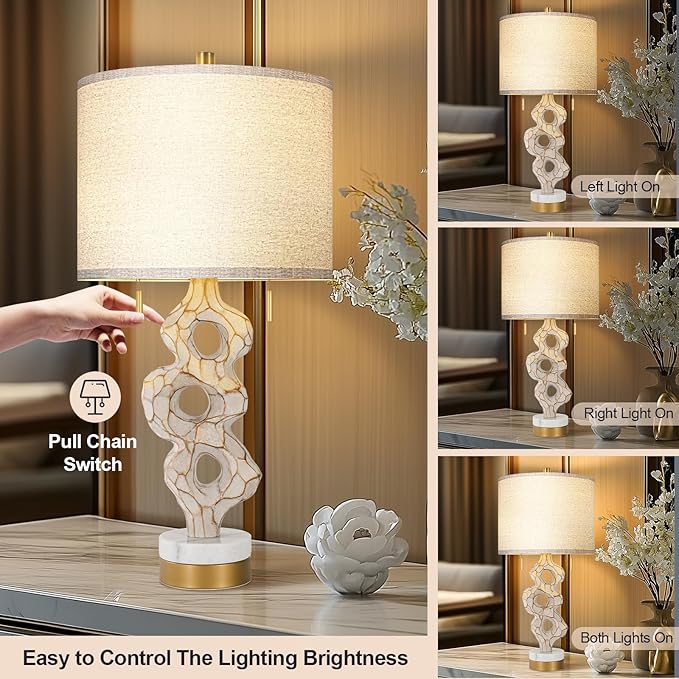 Scenekoy Sculptural Table Lamp Set of 2 for Bedroom, 26” Farmhouse Bedside Lamps for Living Room, Rustic Linen Shade Night Stand Lamp Marble Base with USB Ports for Home Decor (E26 Bulbs Included) - Bloomnest