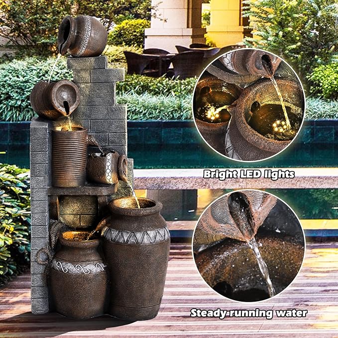 Grepatio Outdoor Water Fountain, Garden Waterfalls Fountains with LED Lights, 6 Tier Modern Indoor/Outdoor Floor Standing Water Fountain for Garden, Patio (10.6"(L) x 14.6"(W) x 31.5"(H)) - Bloomnest