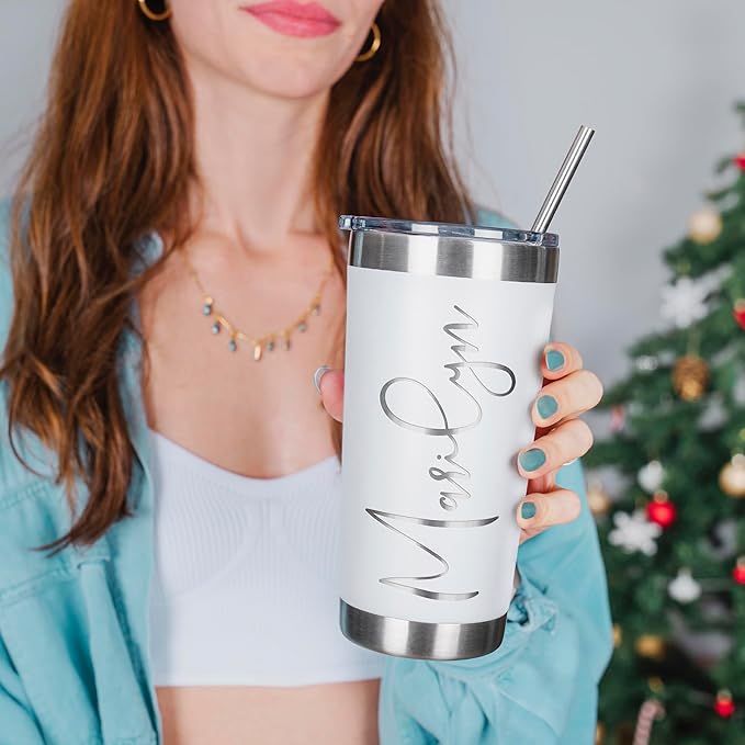 Personalized Tumbler with Engraved Name - 12 Designs, 20 Oz Coffee Tumbler with Slider Lid, White, Double Wall Insulated - Custom Gifts for Women - Bloomnest