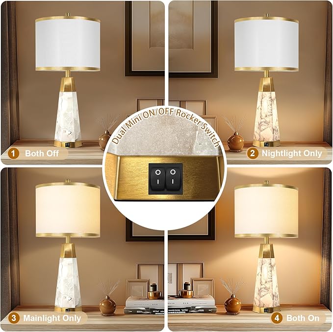 27" Natural Alabaster Table Lamps Set of 2 - Lamps for Living Room with Night Light, Bedside lamps with White Linen Shade, Nightstand Table Lamp with USB A+C Port for Bedroom Office (bulb included) - Bloomnest