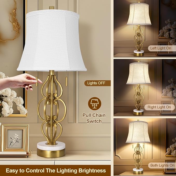 Scenekoy Table Lamp Set of 2 with USB Ports, Pull Chains Switch, 28” Gold Leaf Curved Iron Art Bedside Lamps with Linen Shade for Living Room Bedroom, Nightstand Lamps for Home Room Decor - Bloomnest
