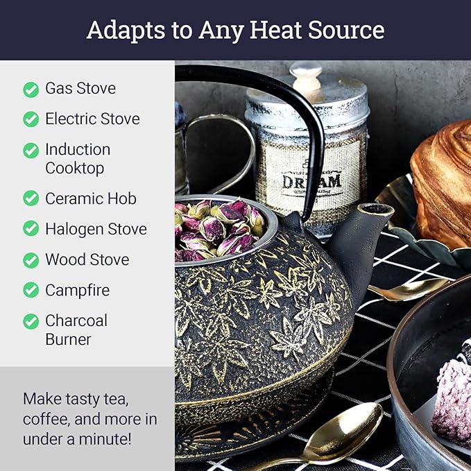 Large Japanese Cast Iron Teapot Capacity 40Oz with Trivet and Loose Leaf Tea Infuser, Cast Iron Tea Kettle Stovetop Safe. Tetsubin Coated with Enamel Interior - Black Teapot