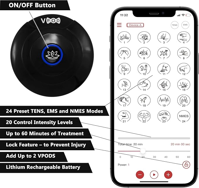 VPOD Deluxe Wireless TENS Unit Muscle Stimulator with Smartphone App Control - Bluetooth Enabled for Pain Relief Therapy - Rechargeable Portable Device for Back and Neck Pain MassageTherapyConcepts
