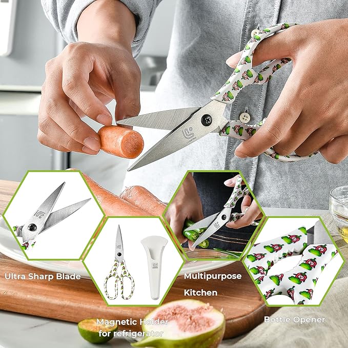 Linoroso Kitchen Scissors Heavy Duty Kitchen Shears with Magnetic Holder Made with Japanese Steel 4034, Multipurpose Ultra Sharp Cooking Scissors for Meat/Vegetables/BBQ/Herbs/Pizza (Graphic,Chili) - Bloomnest