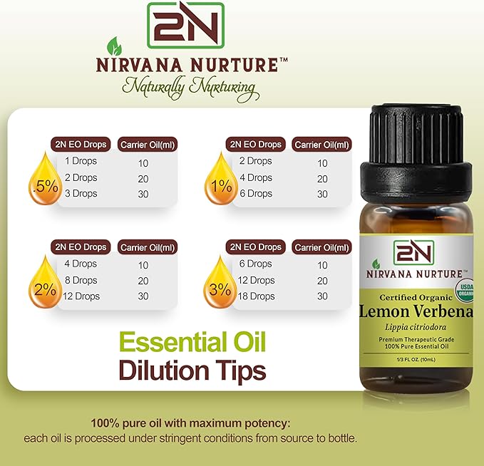 Lemon Verbena Essential Oil, USDA Certified Organic, 100% Pure Undiluted, Aromatherapy Oil for Diffuser, Hair & Skin Care