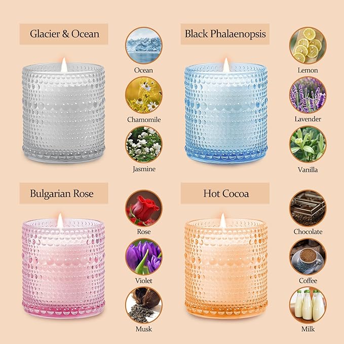 4 Pack Scented Candle for Home, Mother's Day Gifts, Soy Wax Candles, 50 Hour Long Burn Time - Glacier, Black Phalaenopsis, Hot Cocoa, Bulgarian Rose - Bloomnest