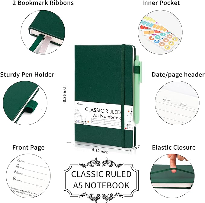 feela 24 Pack Journal Notebook for Work, Business Notebook Bulk Hardcover Lined Writing Journal with Pen Holder for Men Women Note Taking, with 24 Black Pens, 120 GSM, 5.1”x8.3”, A5, Dark Green - Bloomnest