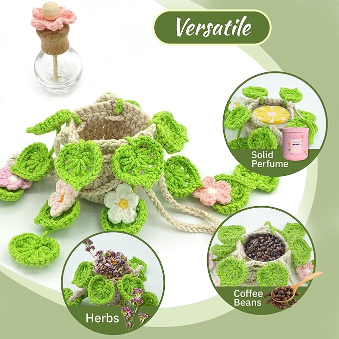 Crochet Car Air Freshener, 15ml Empty Refillable Oil Diffuser Bottle with Hanging Crochet Flowers Plant for Car Rearview Mirror Decor Air Freshener Diffuser for Home, and Office Decor(Flowers) - Bloomnest