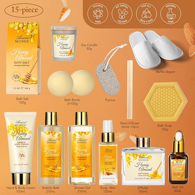 Bath & Body Gift Set, Luxury Home Spa Bath Gift Basket, Honey Almond Scented Bath Set, Pamper Gifts for Women & Teens, 15 Pcs Relaxing Home Spa Kit with Bubble Bath, Bath Salts, Body Lotion - Bloomnest
