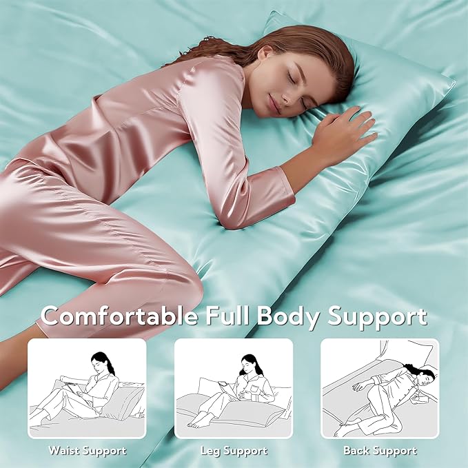 MR&HM Satin Body Pillow Cover, Soft and Breathable Body Pillow Case with Envelope Closure, Cooling and Silky Long Pillowcase for Hair and Skin,Grey (20x54, Turquoise) - Bloomnest
