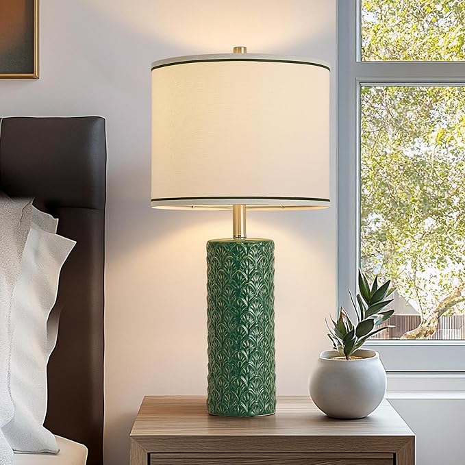27" Farmhouse Bedside Table Lamp Set of 2, Green Modern Ceramic Lamps for Living Room, 3 Color Temperature Rustic Table Lamps for Bedroom, Night Stands, Dorm,Office, Home Décor (Bulb Included) - Bloomnest