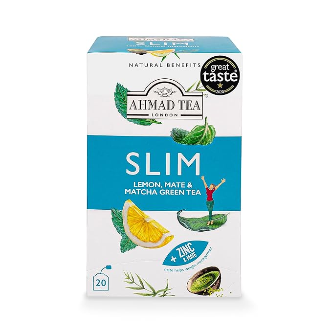 Ahmad Tea Green Tea, Lemon, Mate, & Matcha 'Slim' Natural Benefits Teabags, 20 ct (Pack of 1) - Caffeinated & Sugar-Free - Bloomnest