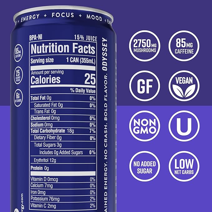 Odyssey Functional Energy Drink for Focus, Cognition & Mood Support 12 Pack - Adaptogenic Drink with 85mg Green Tea Caffeine, Lions Mane, Cordyceps, L-Theanine & Ginseng, Sparkling Blackberry Lemonade - Bloomnest