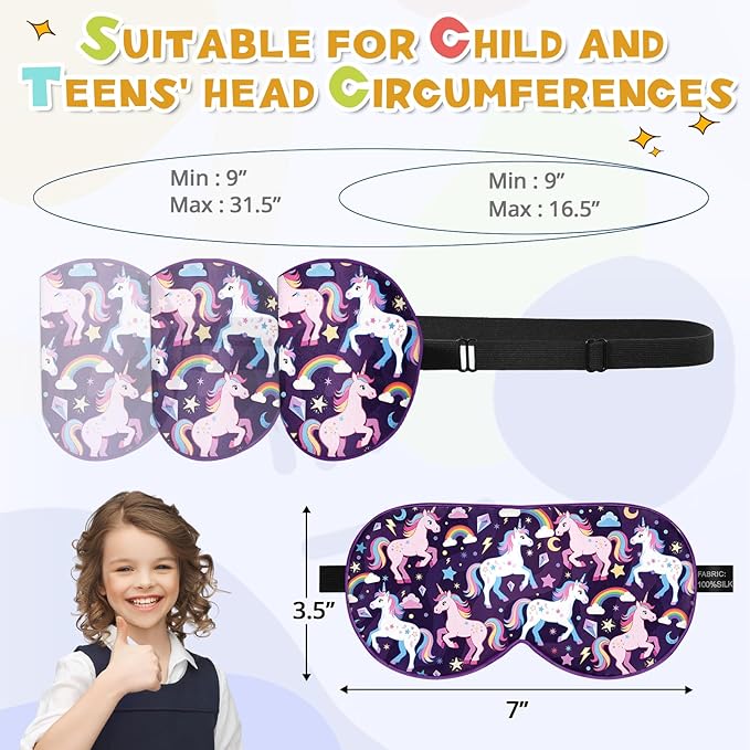 Silk Kids Sleep Mask: 100% Mulberry Silk Eye Mask, Sleeping Masks with Adjustable Strap, Soft & Light-Blocking Printed Kid Eye Cover for Boys Girls Teens Aged 5-15 (Horse Theme) - Bloomnest