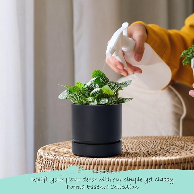 4 Inch Modern Plastic Round Pots for Indoor Houseplants and Herbs, Pack of 3 Planter Pot with Drainage Hole & Saucer, Deep Water Catch Tray, Straight Cylindrical Pot for Plants, Matte Black, 23-D-R-2 - Bloomnest