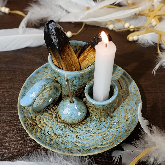 5-in-1 Ceramic Palo Santo Burner Holder Blue -Small Candle Holder & Smudge Burning Tray Bowl,Fits Incense Sticks/Cones, Sage.Zen Altar for Meditation Room, Aromatic Scents, Matches Compatible - Bloomnest