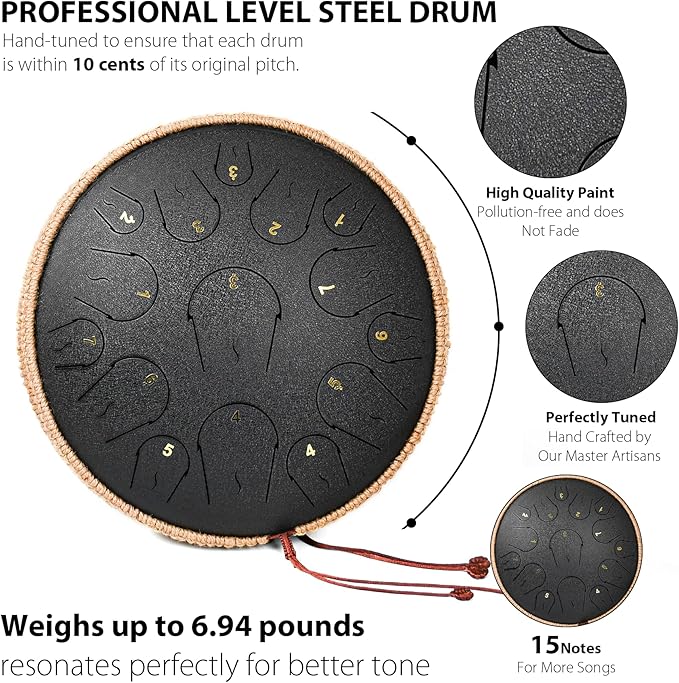 Steel Tongue Drum - 14 Inch 15 Note Tongue Drum - Hand Pan Drum with Music Book, Handpan Mallets and Carry Bag, C Major, Black - Bloomnest