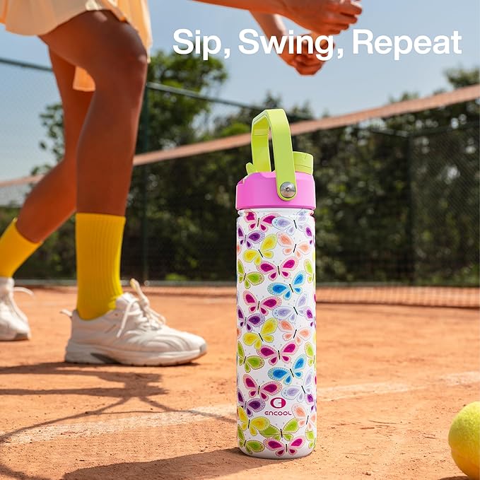 ENCOOL Insulated Water Bottle with Straw Stainless Steel Water Bottle, Leak-Proof, BPA-Free, Double Wall Vacuum Keeps Cold for 24 Hours for Sports, Travel, School (26 oz, Rainbow Butterfly) ENCOOL