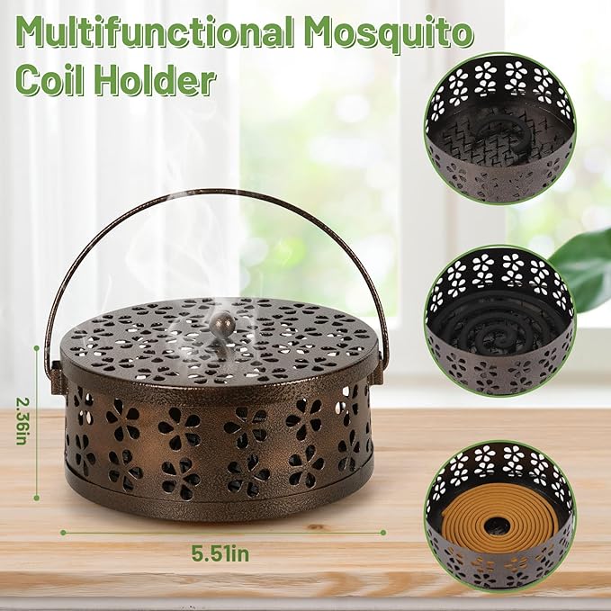 Portable Iron Mosquito Coil Holder with Handle Round Heat-Resistant Incense Holder (Bronze) - Bloomnest
