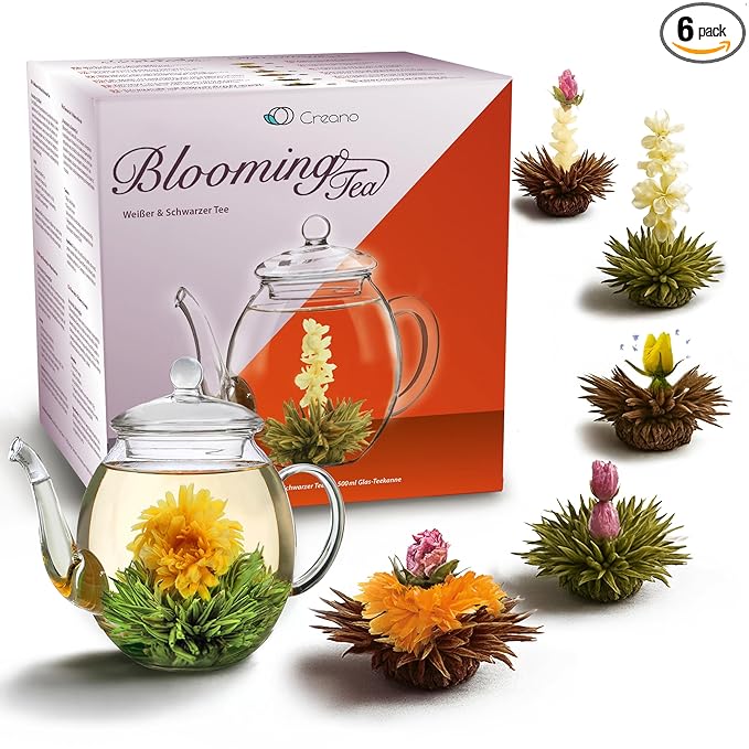 Creano Blooming Tea Gift Set with Glass Pot 17oz/500ml with 6 Flowering-Tea each 3pcs White & Black Tea - Bloomnest