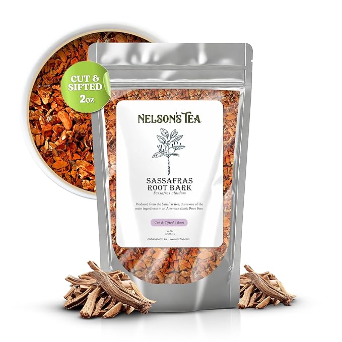 Nelson’s Tea - Sassafras Root Bark Cut & Sifted - Caffeine Free - Classic Root Beer Herbal Blend Tea, Premium Sassafras Albidum Aroma for Brewing, Mixing & Wellness, Freshly Packed Resealable Bag -2oz - Bloomnest