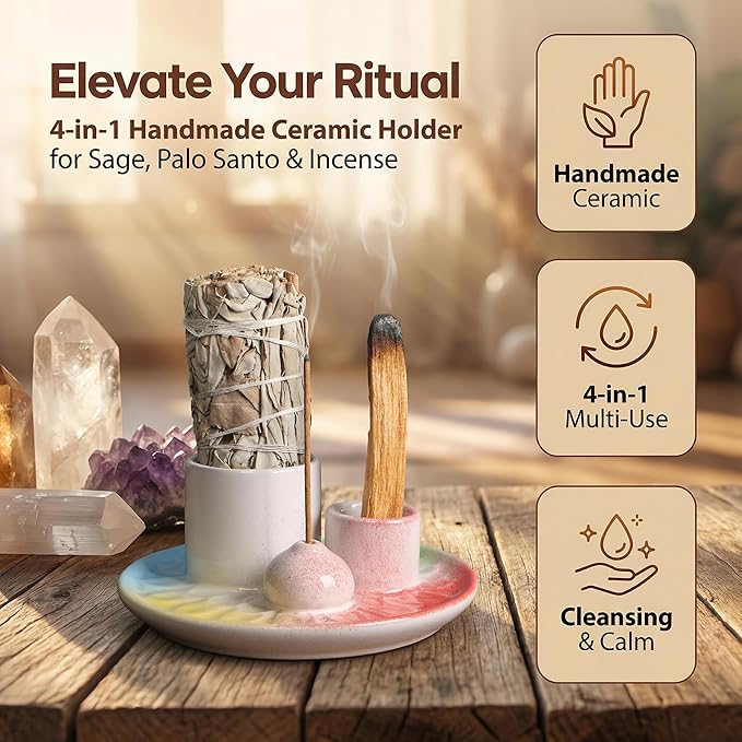 Palo Santo Sticks Holder, Multi-Purpose Handmade Ceramic Incense Burner for Palo Santo Incense Sticks, Sage Holder for Burning, Ash Catcher Tray for Meditation Yoga Room-4 Mixed Colors ToolSentryX