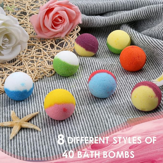 Bath Bomb Gift Set, Family Pack Mini Bath Bombs with Reusable Bowknot, 40 Pcs Organic & Natural Bath Bombs for Kids, Women and Men, Best Gift for Valentine's Day & Any Anniversaries - Bloomnest