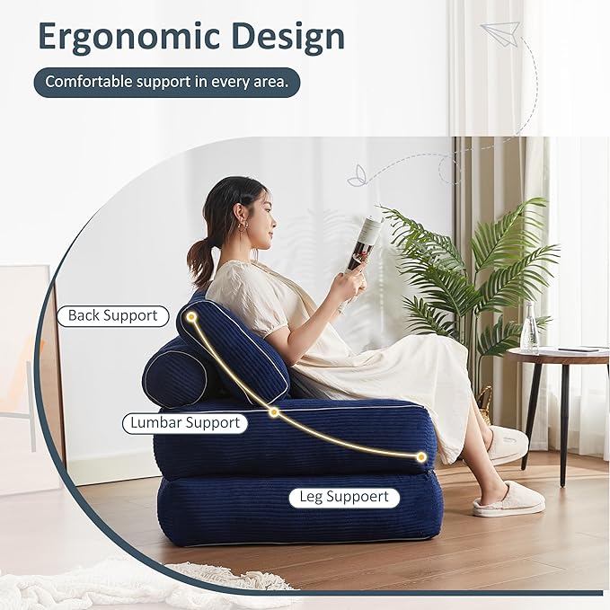 35.4x33.5 Inch Floor Pillow, Large Round Floor Cushion with Removable Washable Cover - Ultra Soft Plush Filling for Adults, Kids, Lounge, Bedroom, Reading Nook, Meditation, Corduroy, Blue